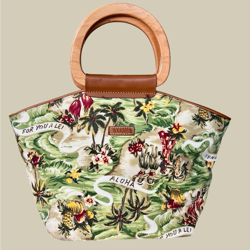 Relic Hawaiian Print Satchel Purse Nylon Round Wooden Handles